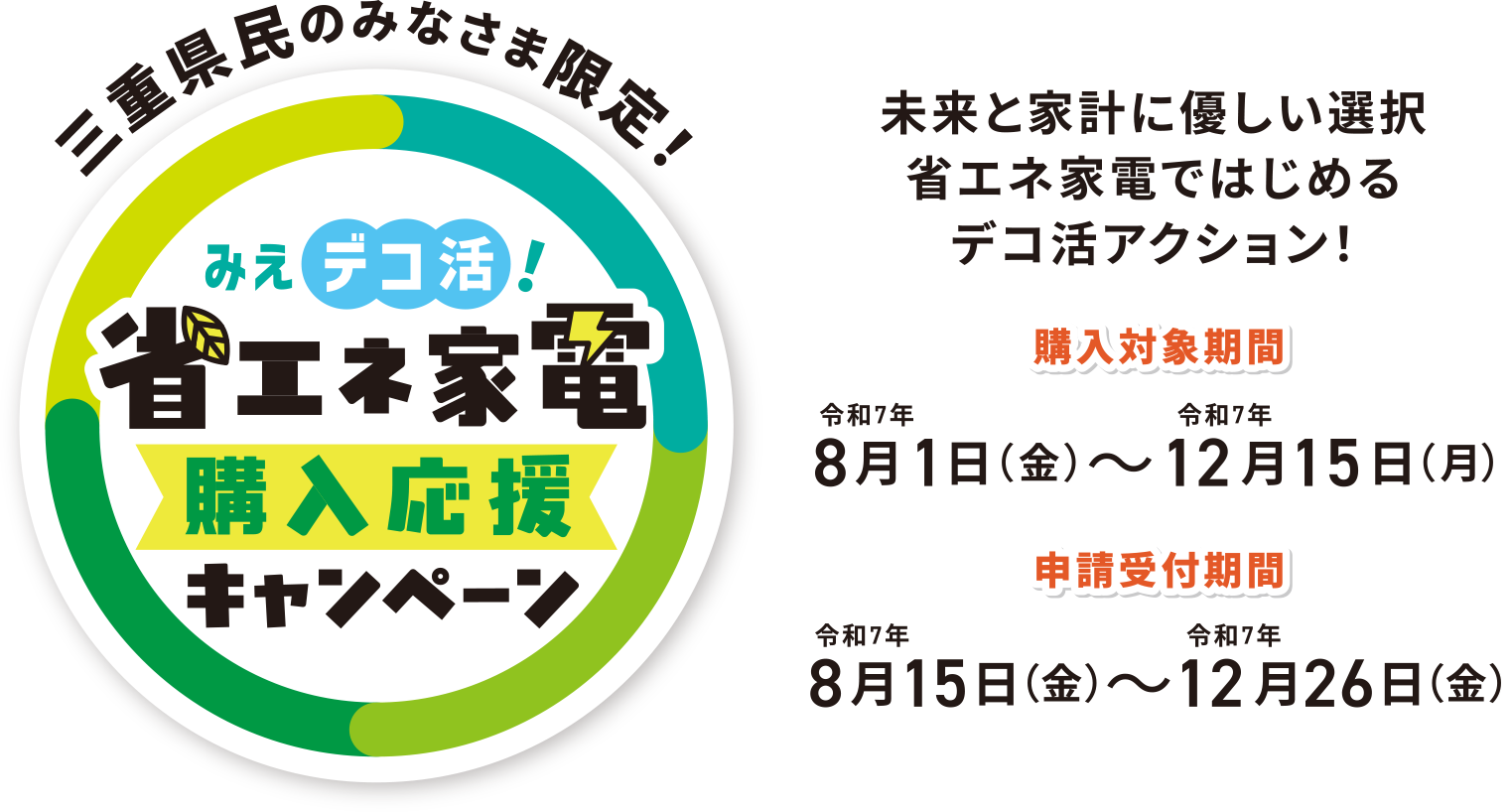 三重県民のみなさま限定！みえデコ活！省エネ家電 購入応援キャンペーン 省エネ家電の買い替えで便利に！おトクに！くらしアップデート 購入対象期間 令和7年8月1日(金)～12月15日(月) 申請受付期間 令和7年8月15日(金)～12月26日(金) ※予算がなくなり次第終了