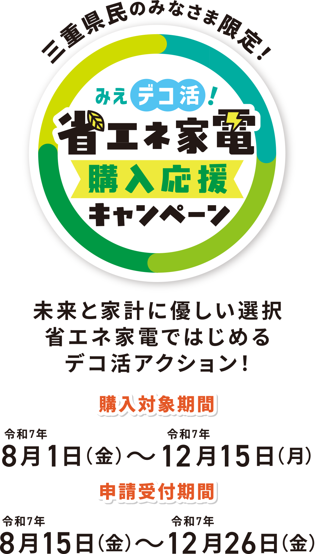 三重県民のみなさま限定！みえデコ活！省エネ家電 購入応援キャンペーン 省エネ家電の買い替えで便利に！おトクに！くらしアップデート 購入対象期間 令和7年8月1日(金)～12月15日(月) 申請受付期間 令和7年8月15日(金)～12月26日(金) ※予算がなくなり次第終了